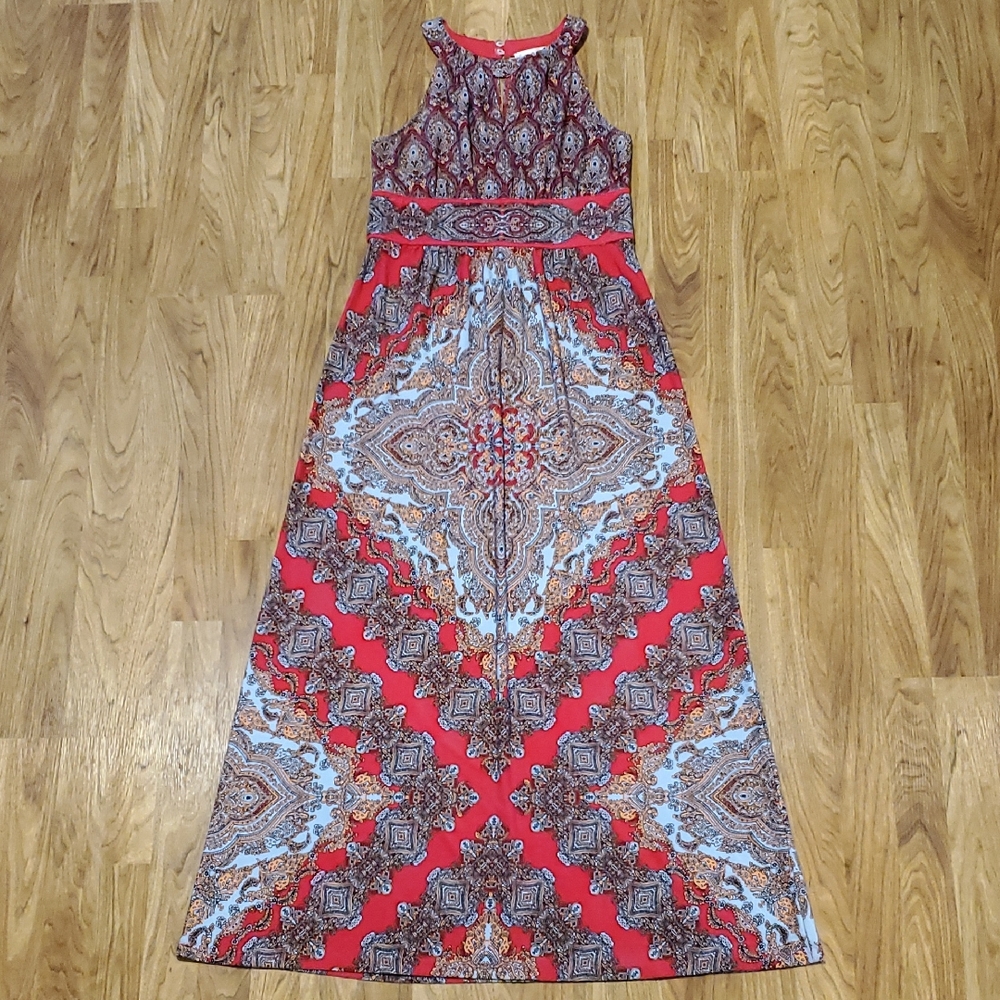 London Times Keyhole Halter Maxi Dress Red Blue Pattern Womens Size 8
